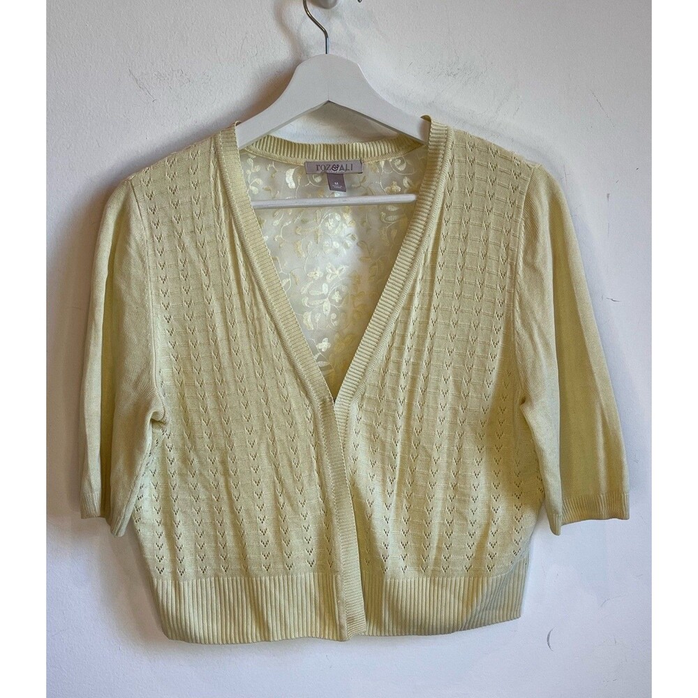 Roz & Ali Pastel Yellow Floral Embroidered  Cardigan M Sheer Boho Peasant Easter